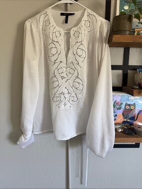 BCBGMaxAzria White Crochet-Front Long Sleeve Blouse